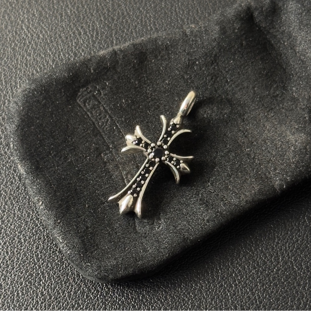 Chrome Hearts Tiny Cross Silver Black Pave Pendant 4.1g